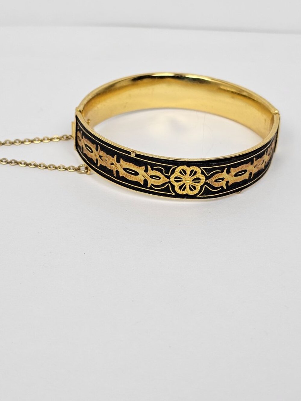 Vtg Damascene Floral Hinged Bangle Bracelet Black Rose Yellow Gold Tone Inlay - Picture 3 of 14